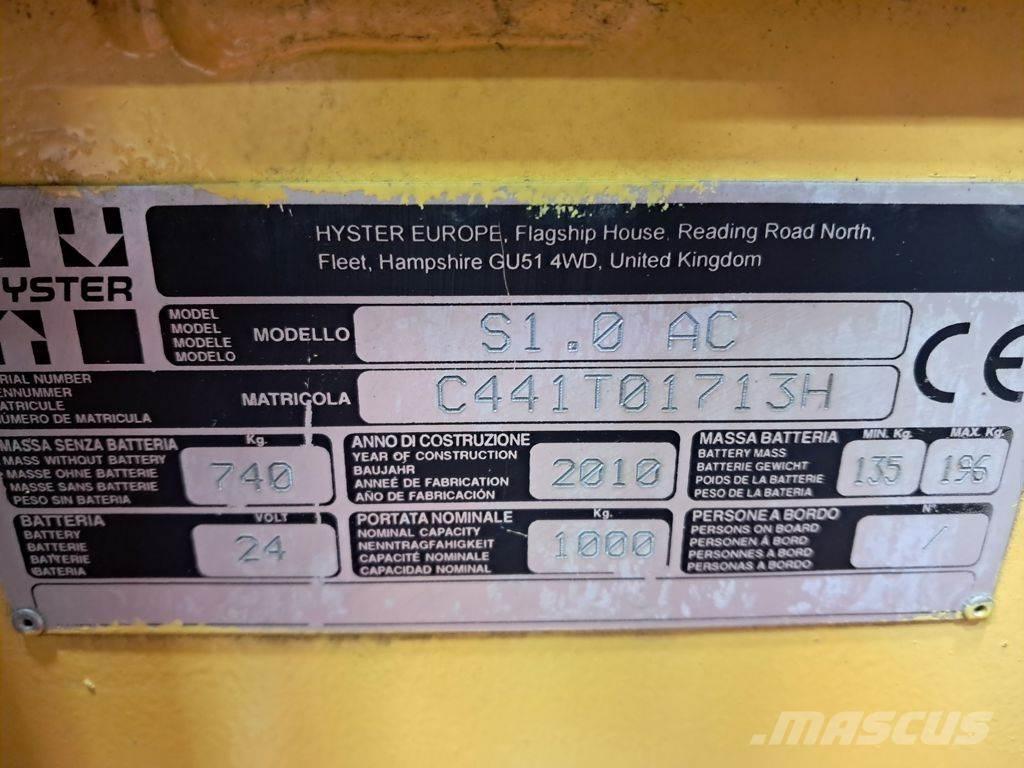 Hyster S1.0 AC Ručně vedené vysokozdvižné vozíky