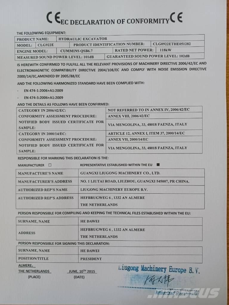 LiuGong CLG 922 E Pásová rýpadla
