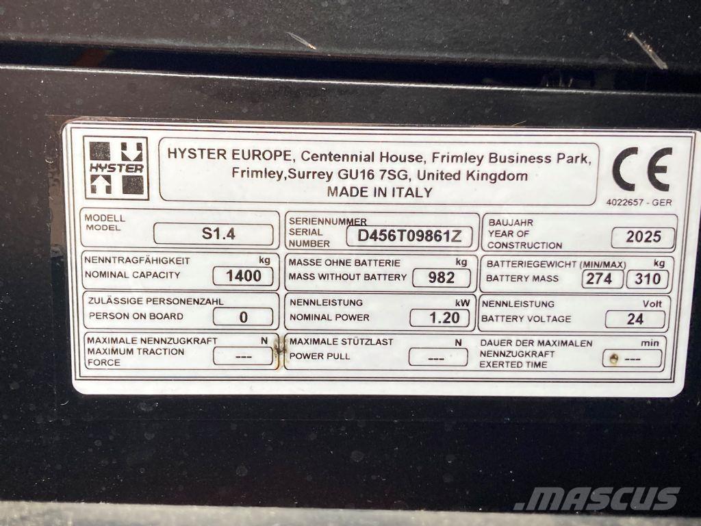 Hyster S 1.4 Ručně vedené vysokozdvižné vozíky