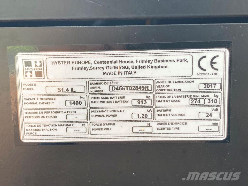 Hyster S 1.4 IL Ručně vedené vysokozdvižné vozíky