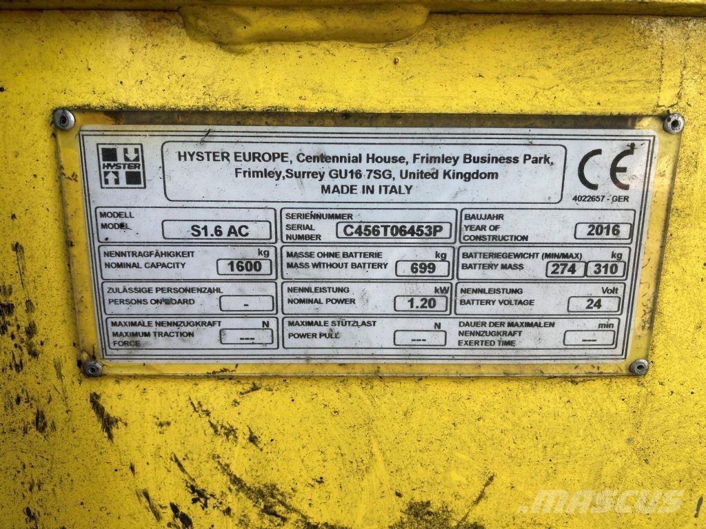 Hyster S 1.6 AC Ručně vedené vysokozdvižné vozíky