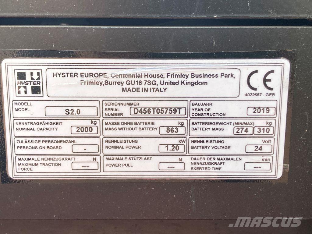 Hyster S 2.0 Ručně vedené vysokozdvižné vozíky