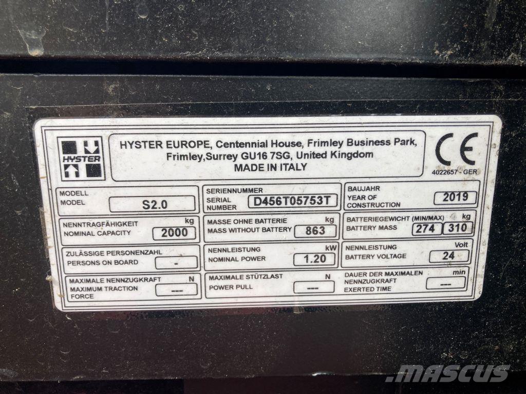 Hyster S 2.0 Ručně vedené vysokozdvižné vozíky