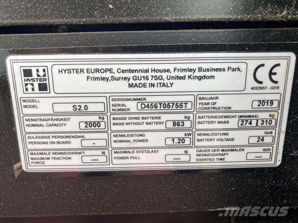 Hyster S 2.0 Ručně vedené vysokozdvižné vozíky