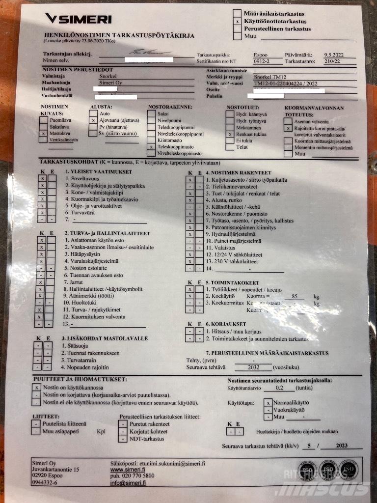Snorkel TM 12 Vertikální sloupové výtahy