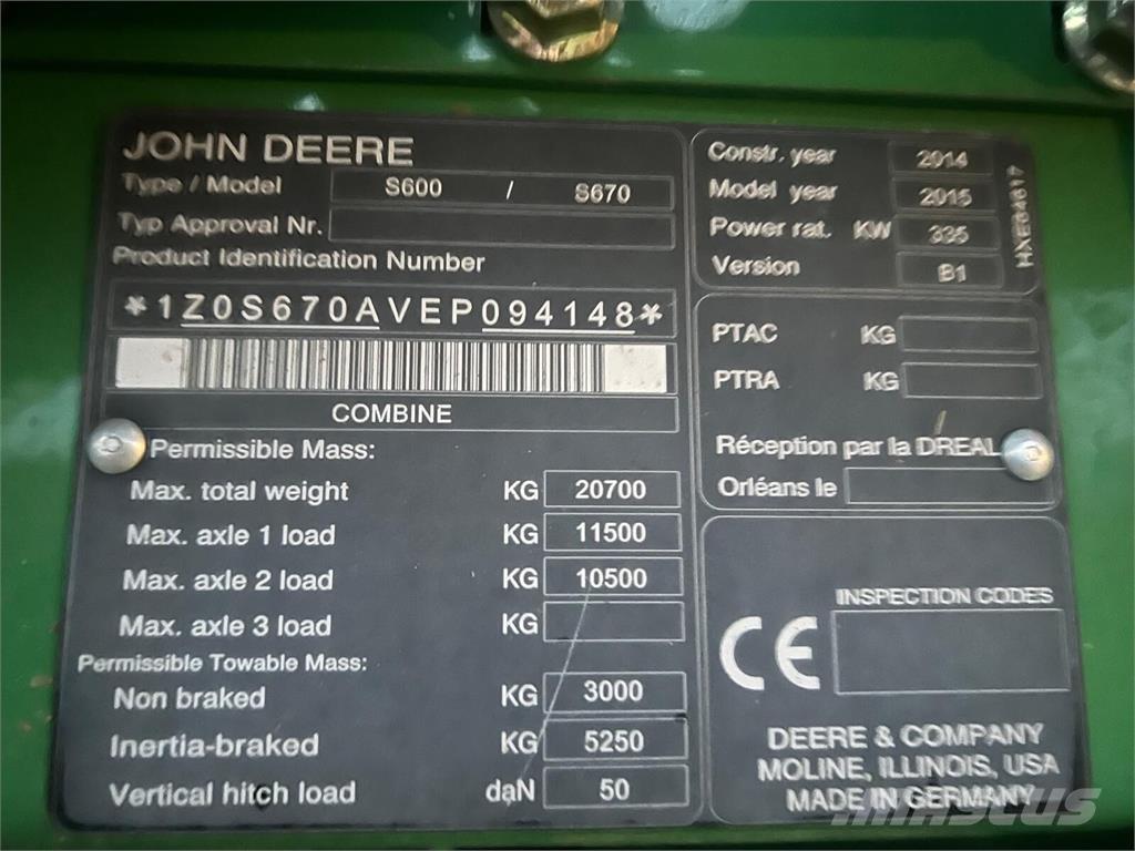 John Deere S670i Sklízecí mlátičky