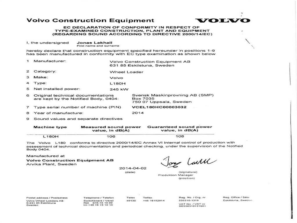 Volvo L180H Kolové nakladače