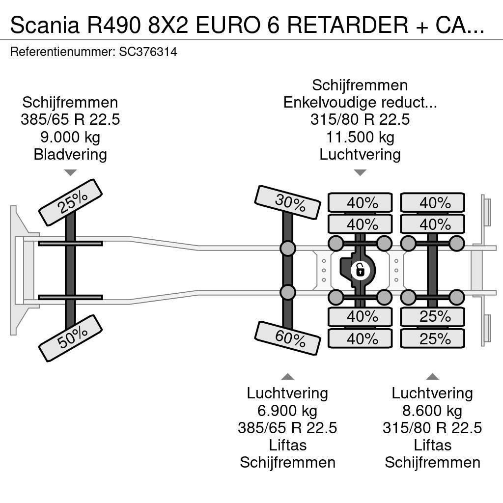 Scania R490 8X2 EURO 6 RETARDER + CABLE SYSTEM Hákový nosič kontejnerů