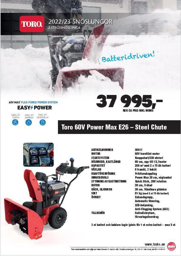 Toro Power Max E26 Batteridriven 2-stegs snöslunga Sněhové frézy